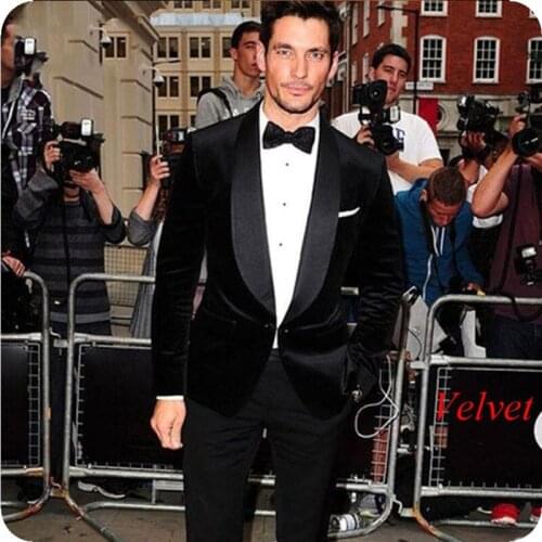 Black Velvet Men Suits for Wedding Smoking Jacket Groom Tuxedos Bridegroom Blazer Slim Fit Terno Masculino 2piece Costume Homme