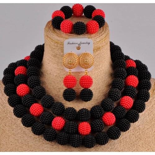 Black red african necklace beads jewelry set simulated pearl nigerian wedding jewelry sets FZZ101