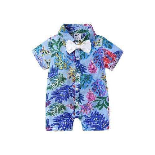 2021Childrens clothing Beach Baby floral Jumpsuit boys' flat angle Khaki summer short sleeve creeping suit