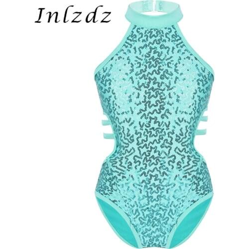 Kids Girls Gymnastics Leotard Ballet Leotard Costume Sleeveless Sparkly Sequins Cutouts Back Strappy Waist Ballet Dance Bodysuit