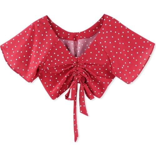 Neatie kiddie Polka Dot Print Beach Style Bow Tie T-shirt Summer Fashion Sexy Red Beach Casual Crop T shirt Female Chiffon Top