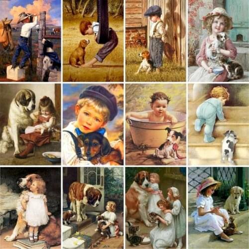 GATYZTORY 60X75cm Oil Painting By Numbers Little boy and dog DIY Paint By Numbers On Canvas Home Decor Frameless Digital Paintin