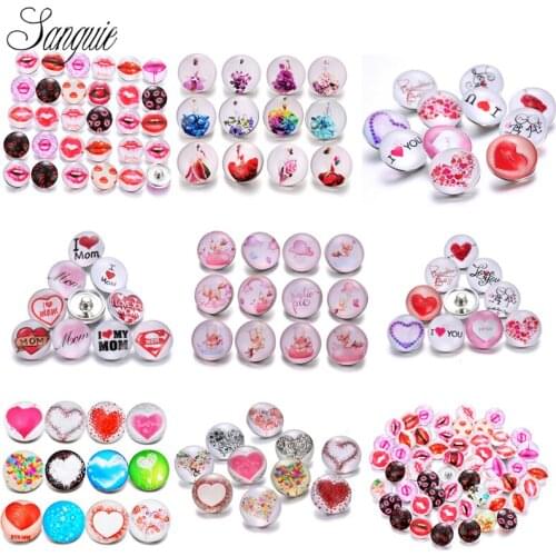Hot selling 12pcs/lot lip snap jewelry 18mm snap buttons skirt heart glass leather clasp snap button bracelet