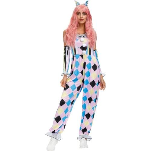 Umorden Fantasia Purim Halloween Costumes for Women Rhomboid Belle Clown Jester Costume Cosplay Jumpsuit