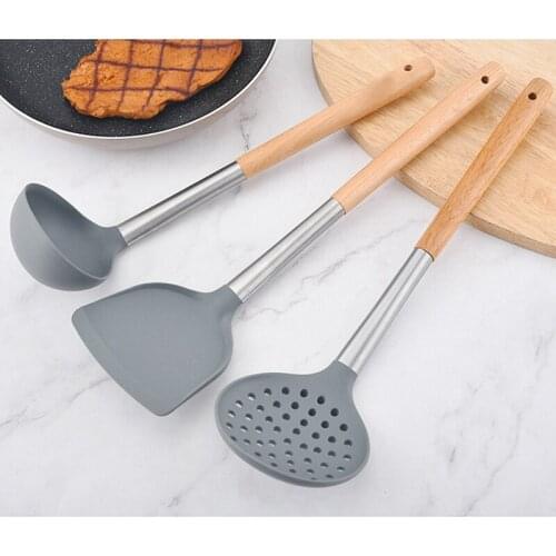 Kitchen Utensil Non-Stick Wooden Handle Soup Ladle Colander Frying Spatula Kitchenware Silicone Slotted Spoon Kitchen Gadgets