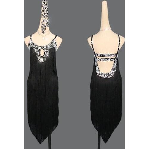 Latin dance women dancing black ballroom salsa fringe diamond adult costume tango skirts with fringe competition salsa dress