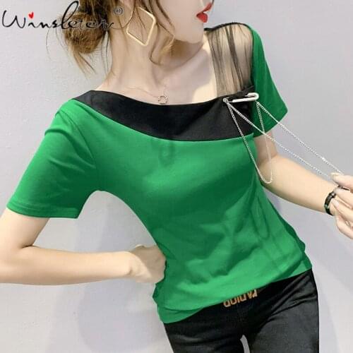 Summer Korean Clothes Cotton T-Shirt Chic Sexy Skew Collar Patchwork Lace Chain Shiny Women Tops Slim Short Sleeve Tees T16712A