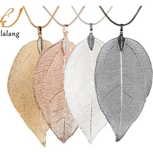 Fashion Jewelry Maxi Necklace Rose Gold Color Chain Real Leaf Charm Design Pendant Necklaces & Pendants Women Collier Femme Gift