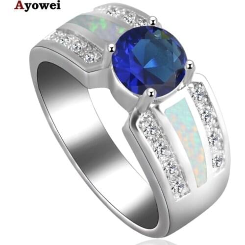 Popular design Royal Blue Zirconia White fire Opal Fashion jewelry Silver Stamped Crystal Rings USA size #6#7#7.5#8#8.5#9 OR721A