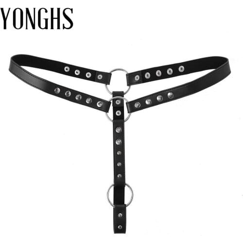 Mens Leather Harness Underwear Sexy Lingerie Underpants Erotic Adjustable Buckle O-ring Crotchless Thong Rivets Sex Underwear
