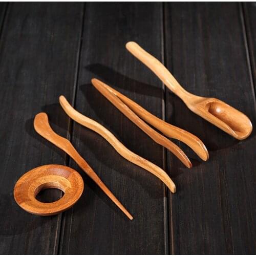 5Pcs/set Tea Ceremony Utensils Set Bamboo Teaspoons tea Needle Tea Tweezer Clip Strainer Tong Tube Wooden Teaware