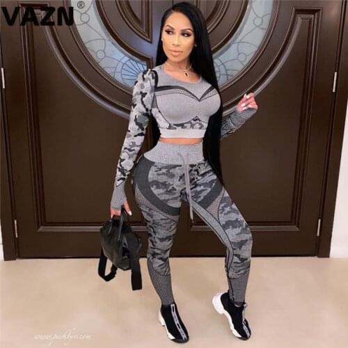 VAZN 2020 New Full Sleeve O-neck Print Fitness Bandage Fashion Set Holiday Women Young Energetic Set Fashion Clothing Suit