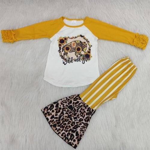 Wholesale/retail cow outfits baby girls cute top+leopard striped flare pants 2 pcs set kid boutique childrens clothing suit