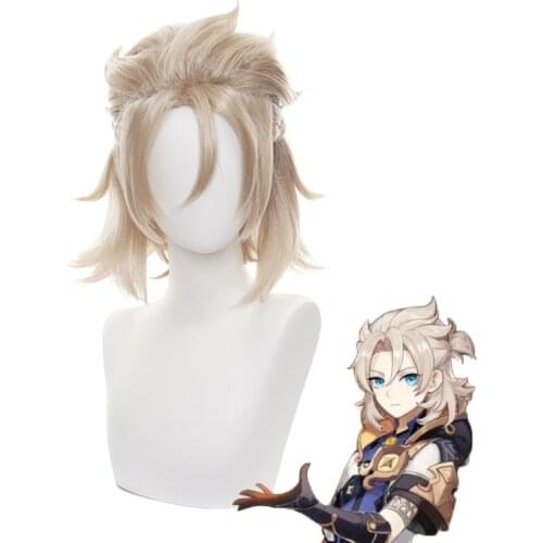 Game Genshin Impact Albedo Wig Cosplay Costume 35cm Short Linen Heat Resistant Synthetic Hair Wigs Halloween Role Play