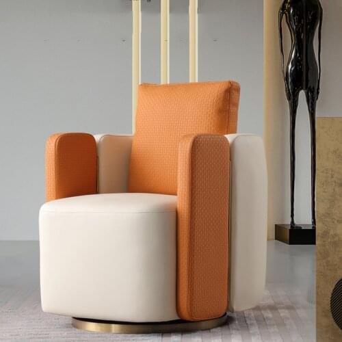 Postmodern Simple Luxury Single Leather Sofa Designer Same Model Woven Pattern Leather Rotating Metal Sofa Chair