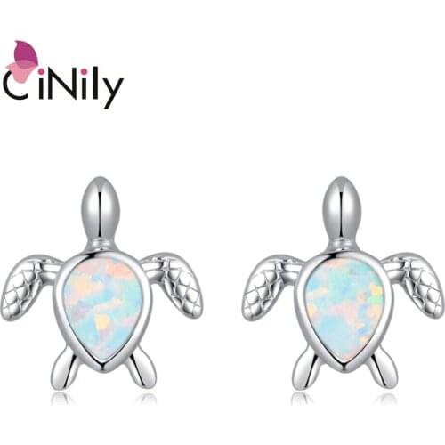CiNily Created White Fire Opal Silver Plated Wholesale Lovely Cute Tortoise for Women Jewelry Gift Stud Earrings 15mm OH3961