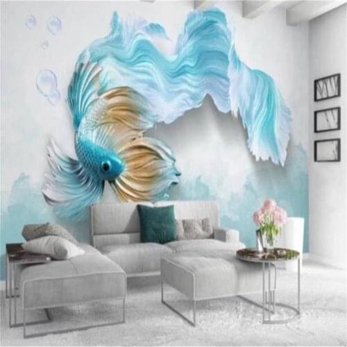3d Modern Wallcovering Wallpaper Elegant Light Blue Peacock Fish Living Room Bedroom TV Background Painting Mural Wallpapers