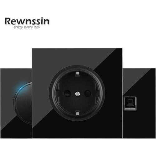 Black Single/Dual EU/FR Socket Network Outlet Light Switch HDMI Data Transmission Port Charging USB Jack Real Glass Panel Socket