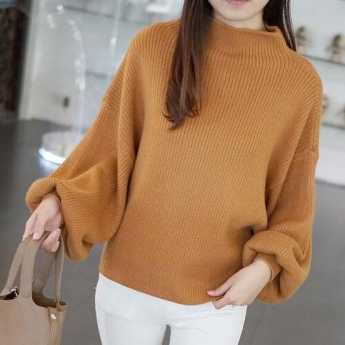Sweater Women Autumn Half-high Collar Bottoming Shirt Slim Sweater Loose Bat Shirt Pullover Lantern Sleeve Sweaters Female A985