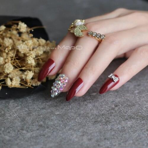 UV Stiletto Fake nails Rose almond full set 26pcs wedding nails red full crystal bow flower fake nails Black box