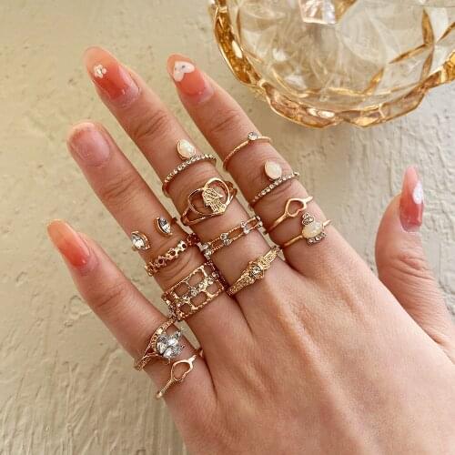 Bohemian Crystal Rings Set Star Gold Color Rings For Women Fashion Geometric Pearl Ring Trendy 2021 Jewelry Gifts Party