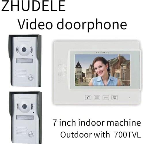 ZHUDELE Top Quality Home Security Video Intercom Doorbell System 7" Video Door Phone Kits Support extra CCTV Camera 2V1