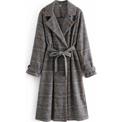 ZA 2021 New Oversized Casual Wool Coat Plaid Autumn Winter Women Outwear Long Sleeve Female With Belt Overcoat