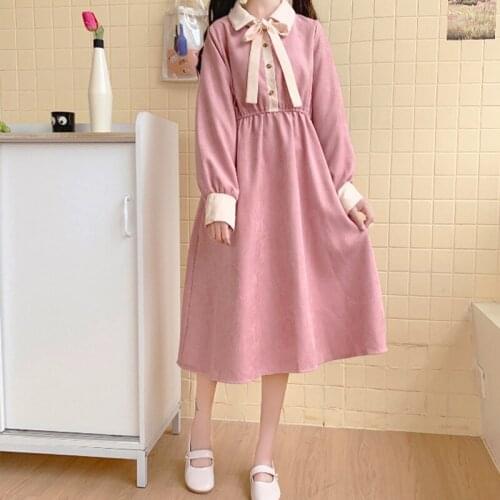 Japanese Mid-Length Dress Autumn and Winter New Preppy Style Bow Lace-up Waist-Controlled kawaii clothing sweet lolita dress