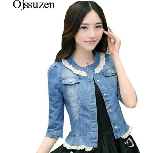 S-3XL O Neck Lace Denim Jacket Women Spring Summer Short Cropped Jackets Ladies Slim Jeans Coat Plus Size Jackets Blue