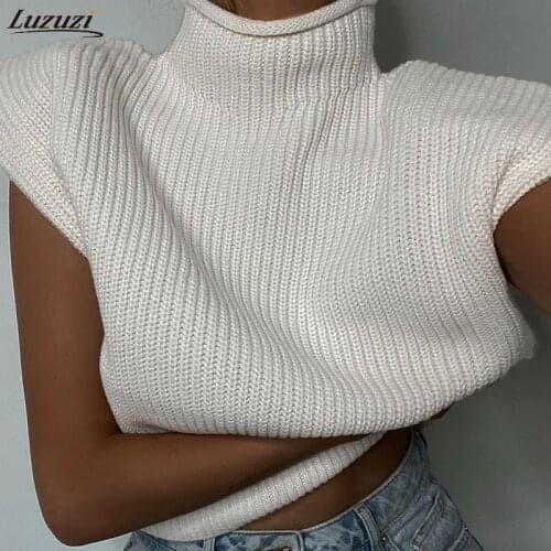 Luzuzi Turtleneck Sleeveless Vest Sweater Women 2021 With Shoulder Pads Knitted Pullover Autumn Winter Fashion Jumper Casual Top