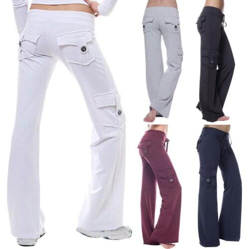 Women Solid Color Sport Pants Multi-pocket Button Stretch Yoga Trousers Casual Womens Clothing Full Length Long Trousers 2021