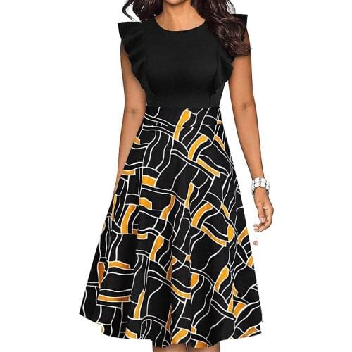 Womens Vintage Ruffle Sleeves Floral Print Flared A Line Swing Casual Dresses Summer Retro Sun Dresses Casual Swing Dress