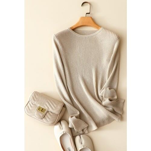 2020 autumn winter new arrival high quality 100% cashmere ribbed knitted long sleeve crew neck sweaters for women