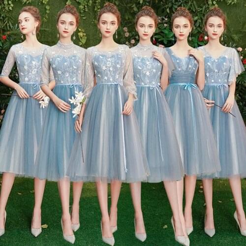 Beauty Emily Sexy Lace Up Back Tea Length Bridesmaid Dresses Fashion Lace Appliques 5 Styles Available Wedding Party Prom Dress