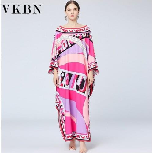 VKBN Summer Dresses Women Office Lady Loose Round Neck Batwing Sleeve Plus Size Rose Red Printing Women Dress Up Fashion