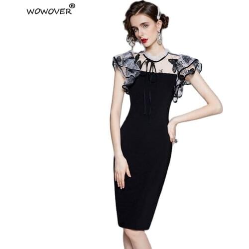 Elegant Lady Butterfly Sleeves Sexy Black Prom Party Dress for Women Summer Clothing 2021 Mesh Patchwork Slim Office Robe Femme