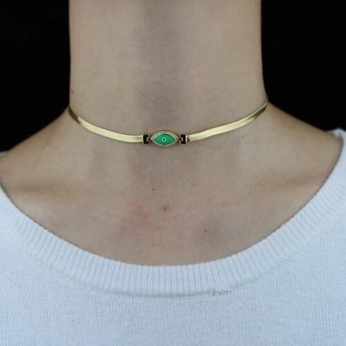 2021 High quality turkish lucky enamel evil eye zircon CZ gold silver color Snake Chain charm Choker Necklace jewelry for women