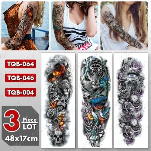 3 pcs/lot Large Arm Sleeve Tattoo Tiger Moon Flame Waterproof Temporary Tatto Sticker Lion Body Art Full Fake Tatoo Women Men