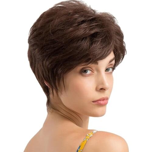 9'' Womens Short Human Hair Wigs Pixie Cut Natural Wavy Wig Brown