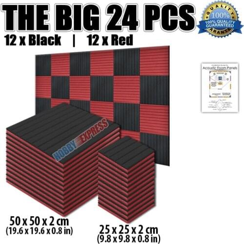 Arrowzoom Flat Wedge Tile Sound Absorption Acoustic Panel Studio Foam 24 pcs Set Red and Black KK1035
