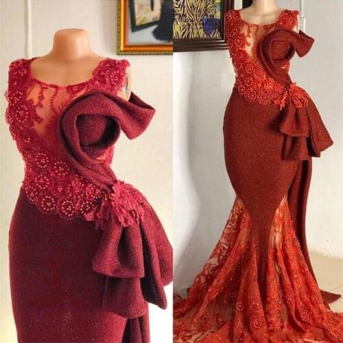 Aso Ebi Lace Beaded Mermaid Evening Dresses Sheer Neck Pearls Prom Dress Plus Size Robe de soiree Formal Party Gowns
