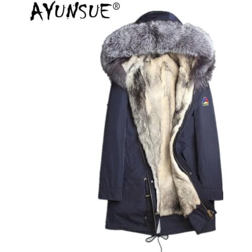 AYUNSUE Winter Jacket Men Wolf Fur Liner Coat Real Fox Fur Collar Parka Men Natural Fur Jacket Warm Long Overcoat L18-3001 MY766