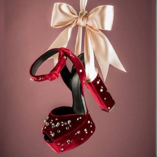 Glitter Pure White Rhinestone Studs Velvet Sandals Platform Chunky Heels Peep Toe Wedding Sandals Crystal Ankle Strap High Heels