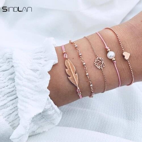 Sindlan Bracelets Bangls 5pcs /set Vintage Jewelry Leaf Feather Lotus Pearl Heart Pendant Simple Ankle Bracelet Bangle For Women
