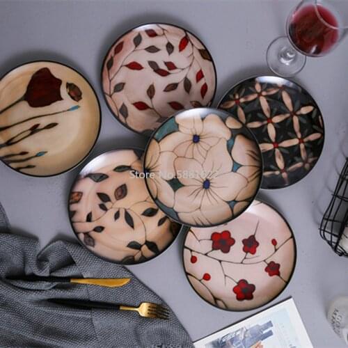 Floral Round Ceramic Dinner Plate Handpainting Glaze Porcelain Plate Western Steak Fruit Tray Breakfast Dessert Cake Nuts Dishes