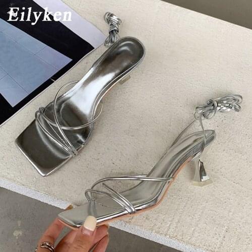Eilyken Fashion Silver Narrow Band Women Sandals Thin Heel Lace Up Summer New Square Toe Gladiator Ankle Strap Casual Shoes
