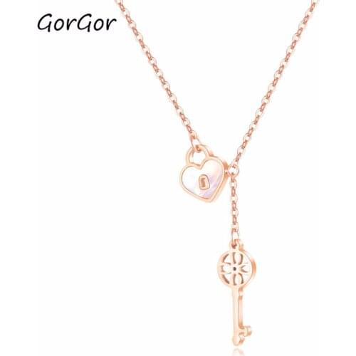 GorGor Titanium Steel Trendy O-chain Metal Heart Shell Love Key Pendant Hollow Titanium Steel Women Necklace 1619