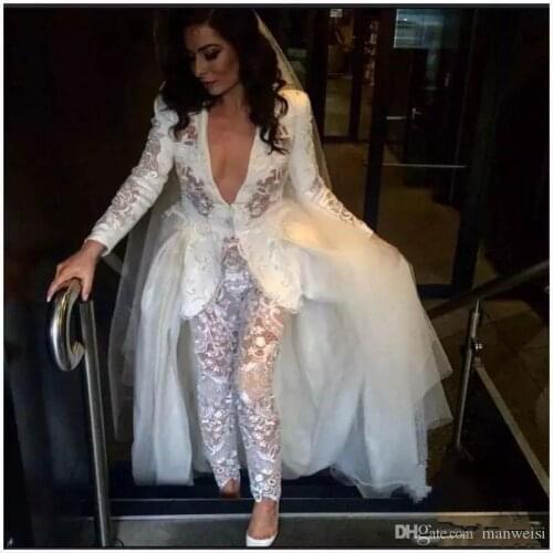 Jumpsuit Wedding Dresses With Detachable Train Lace Appliqued Boho Bridal Gowns Sexy Plunging Neck Country Wedding Dress