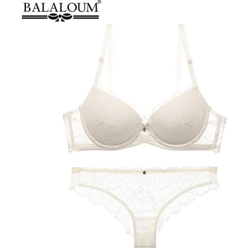 BALALOUM Sexy Push Up Floral Lace Bra Briefs Sets Transparent Panties Comfortable Brassiere Underwear Lingerie WHITE