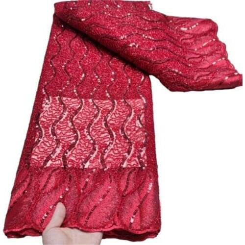 Red Luxury Sequence Lace Fabric African Nigerian Net Lace with Sequins French Tulle Mesh Lace for Women Sequin Fabric Lace